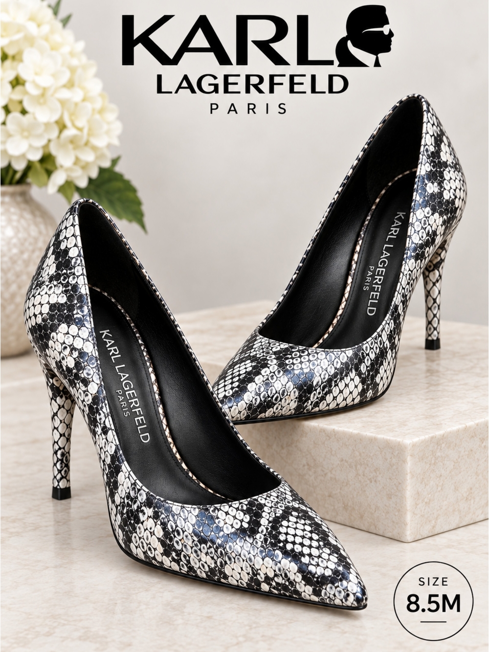 Karl Lagerfeld Paris  Genuine Leather Snake-Print Pointed-Toe Heels, Size 8.5M